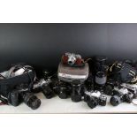 Cameras - quantity of cameras and accessories including Canon AV1, Fujica Half incase, Praktica B200
