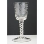 Antique ' No Excise ' Wine Glass, the bowl etched with two barrels to one side and an apple tree