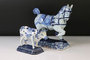 19th Century Dutch Delft Blue and White pottery model of a prancing horse by Jacobus Halder, with
