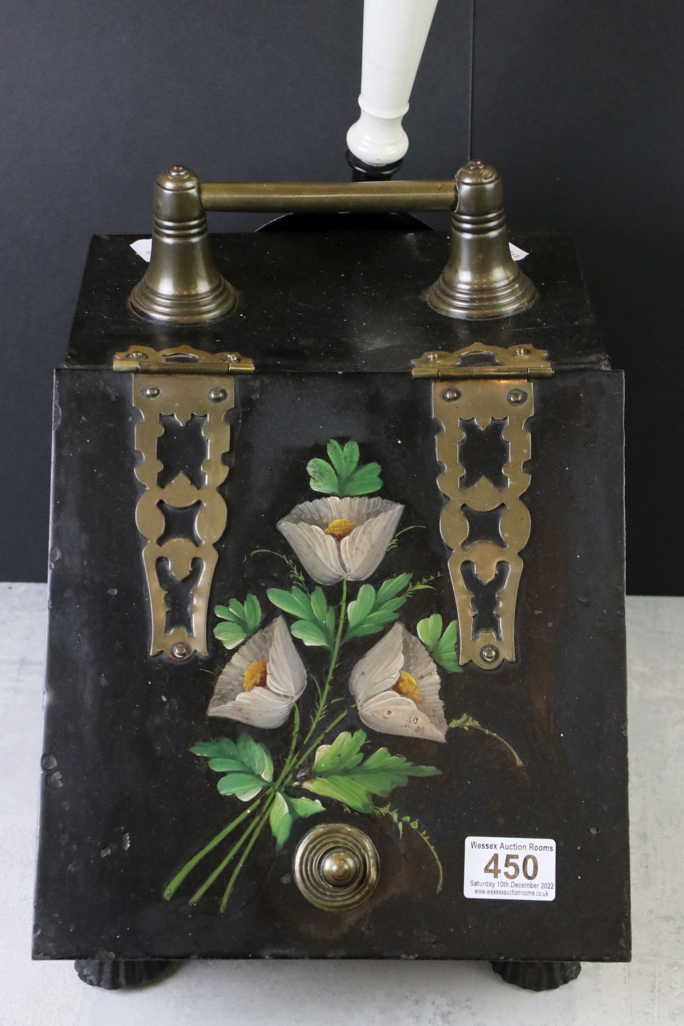 Victorian Toleware and Brass mounted Coal Scuttle with shovel decorated with flowers, 33cm high - Image 2 of 3