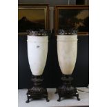 Pair of Art Deco style Alabaster and Bronze Table Lamps raised on lion paw feet, 66cm high