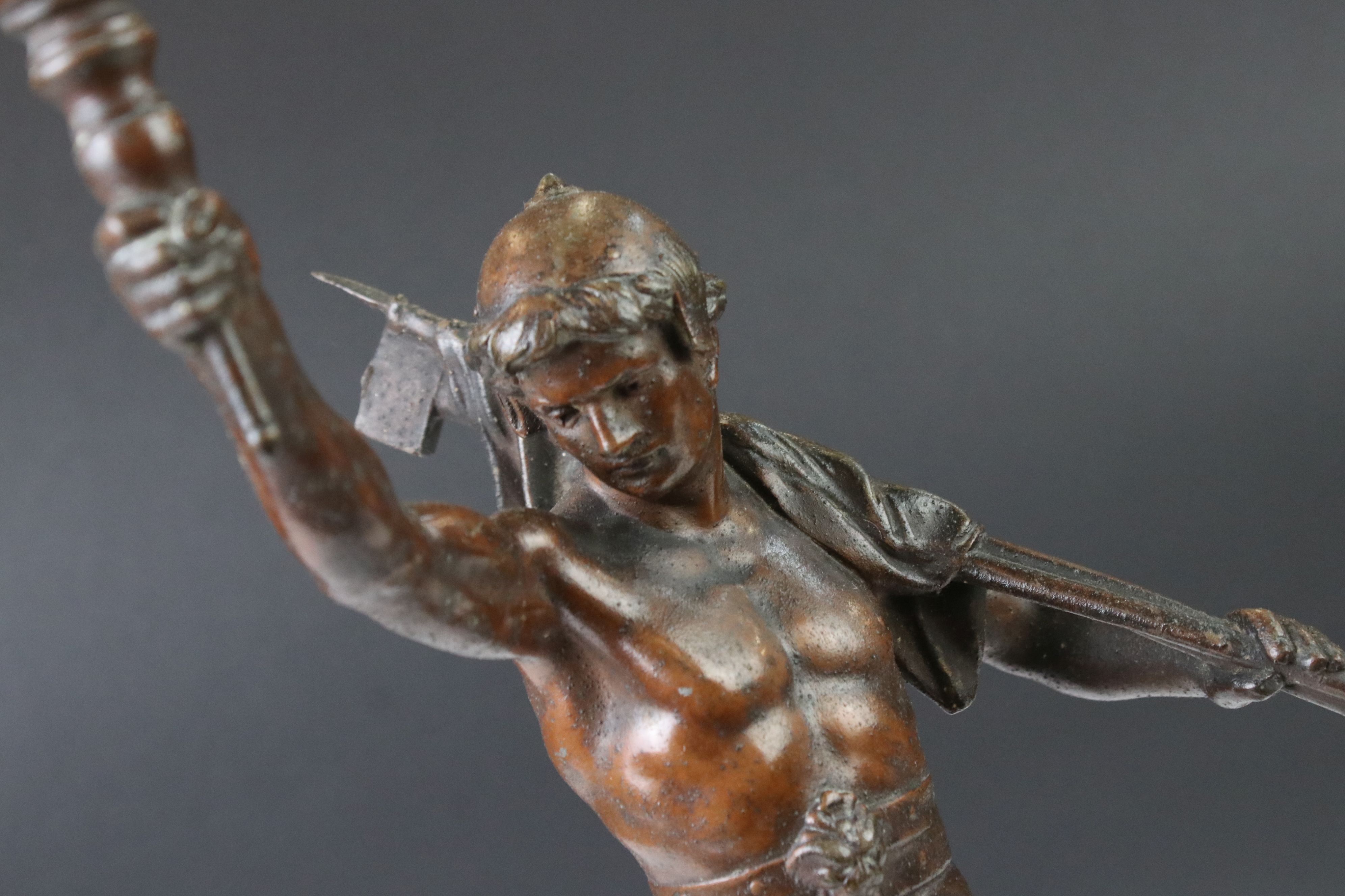 After E. Pirault: A late 19th / early 20th century French spelter table lamp in the form of Victory, - Image 2 of 9