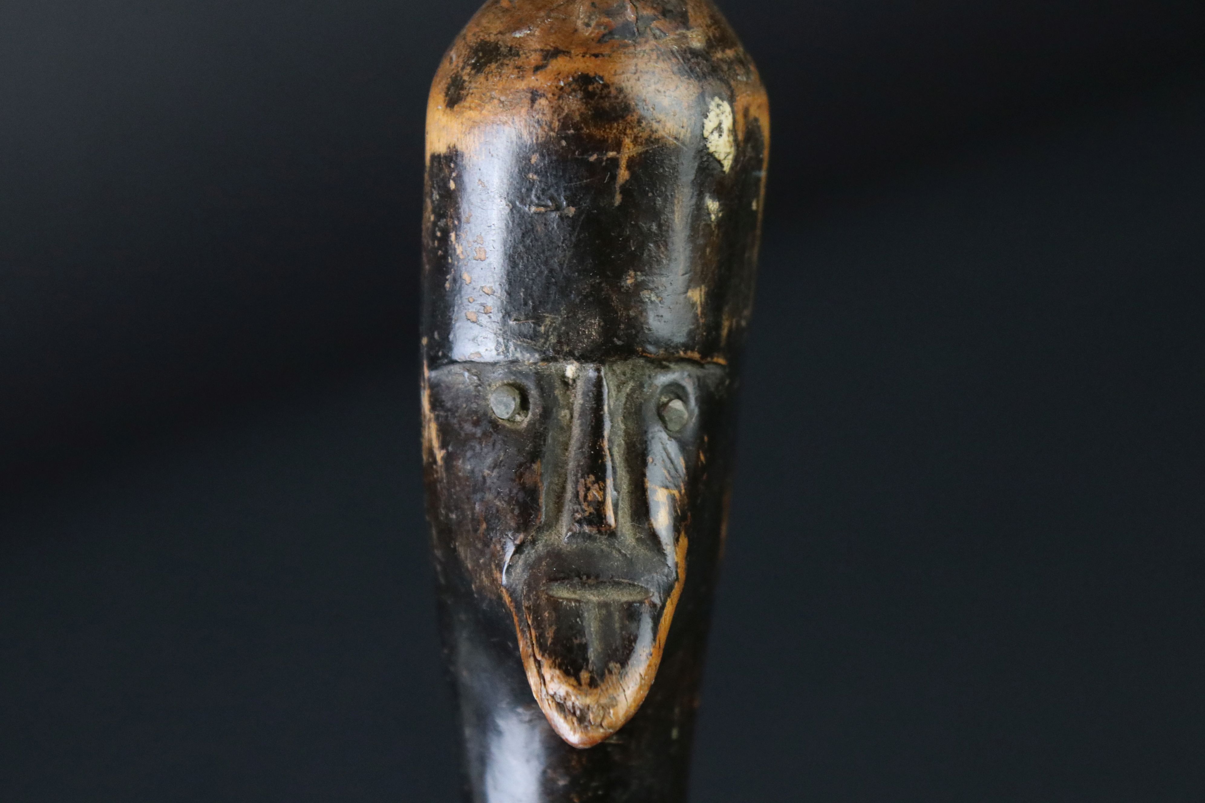 20th century tribal style carved wooden walking stick with figural two-faced handle; snake, animal - Image 6 of 7