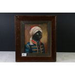 Framed oil painting portrait of a black cat dressed in tunic and turban