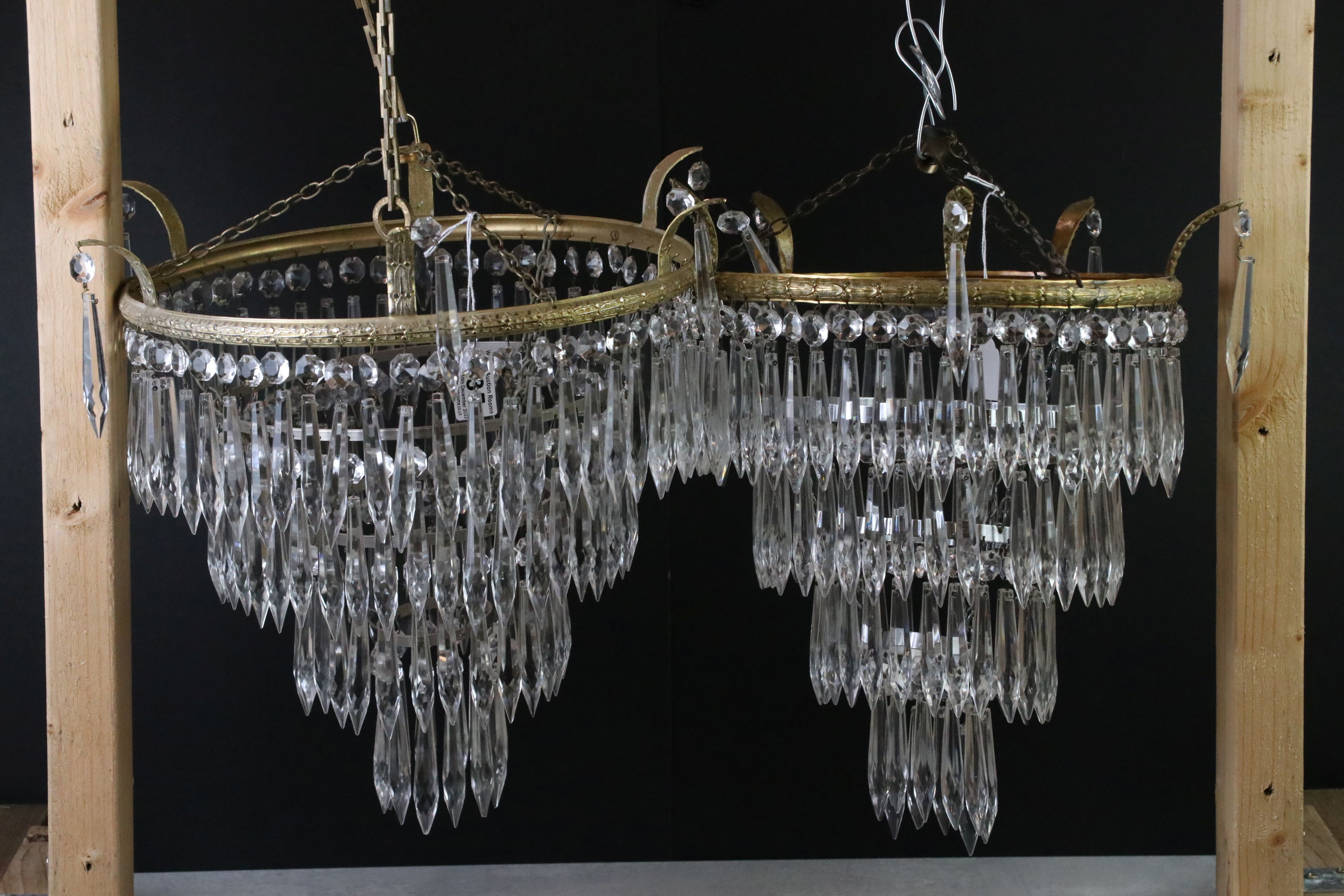 Two Gilt Metal Glass Crystal Drop Four Tier Waterfall Chandeliers, largest 41cm diameter x 40cm high