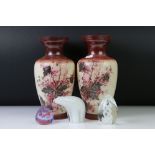 Pair of 19th Century opaque glass baluster vases with hand painted foliate decoration on a pink
