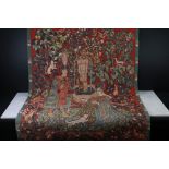 French Wall Hanging Tapestry with wooden hanging rail titled ' Le Roman de la Rose ' by Anne-