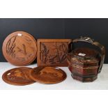 Japanese Lacquered Octagonal Picnic Box, 26cm high together with Four Wooden Plaques carved with