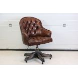 Victorian style Brown Button Leather Upholstered Swivel Tub Chair, 66cm wide x 91cm high