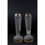 Pair of late Victorian silver mounted hobnail cut glass vases of tapering form with bulbous bases