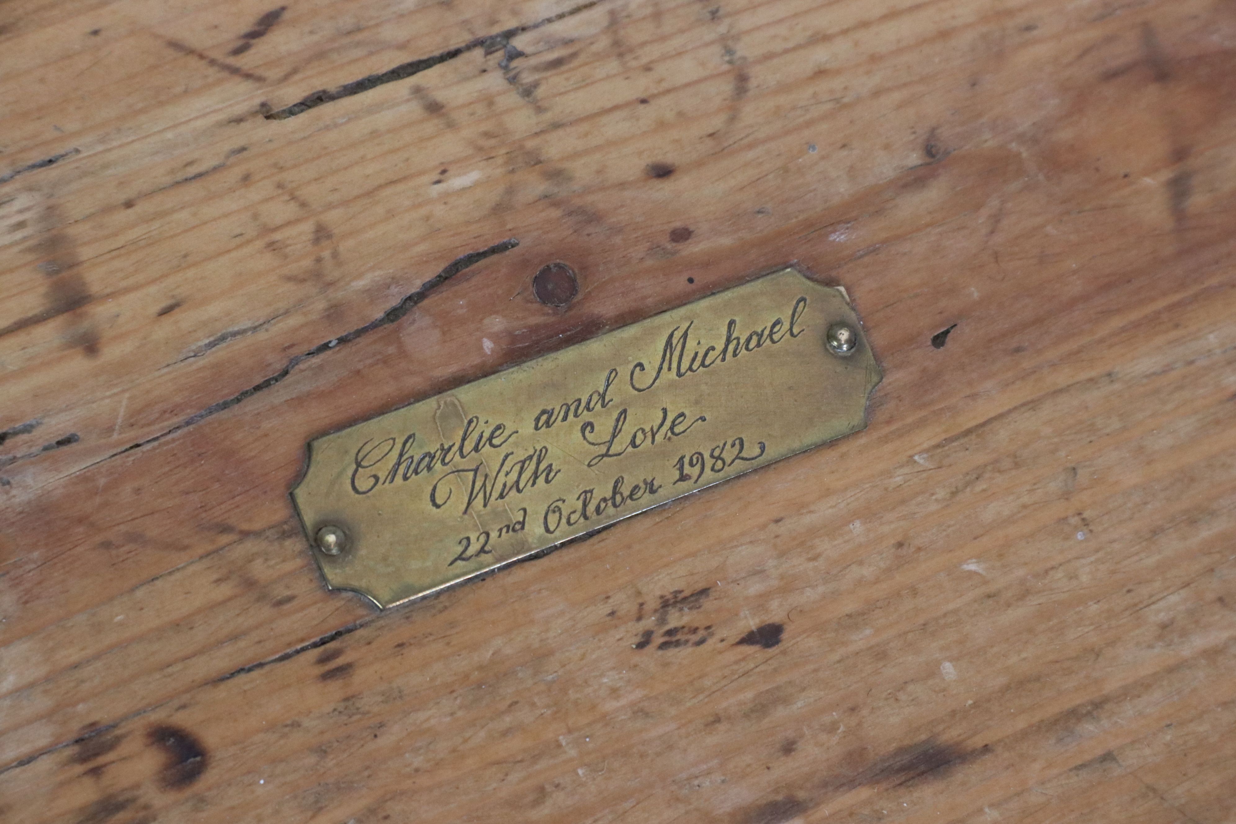 19th century Small Pine Box, with a later added brass plaque, 47cm wide x 25cm high - Image 2 of 3