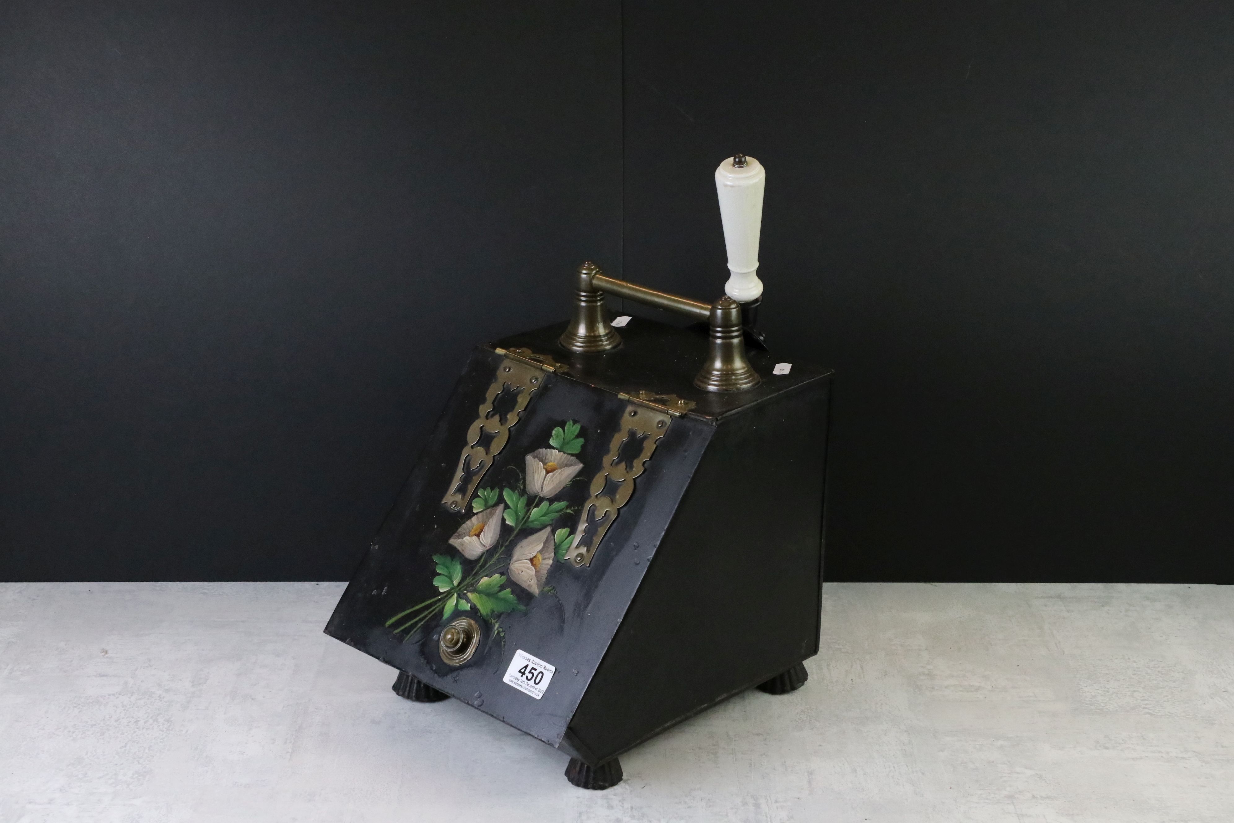 Victorian Toleware and Brass mounted Coal Scuttle with shovel decorated with flowers, 33cm high
