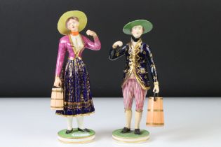 Two Early 19th Century Crown Derby porcelain figures comprising a young man and woman, both
