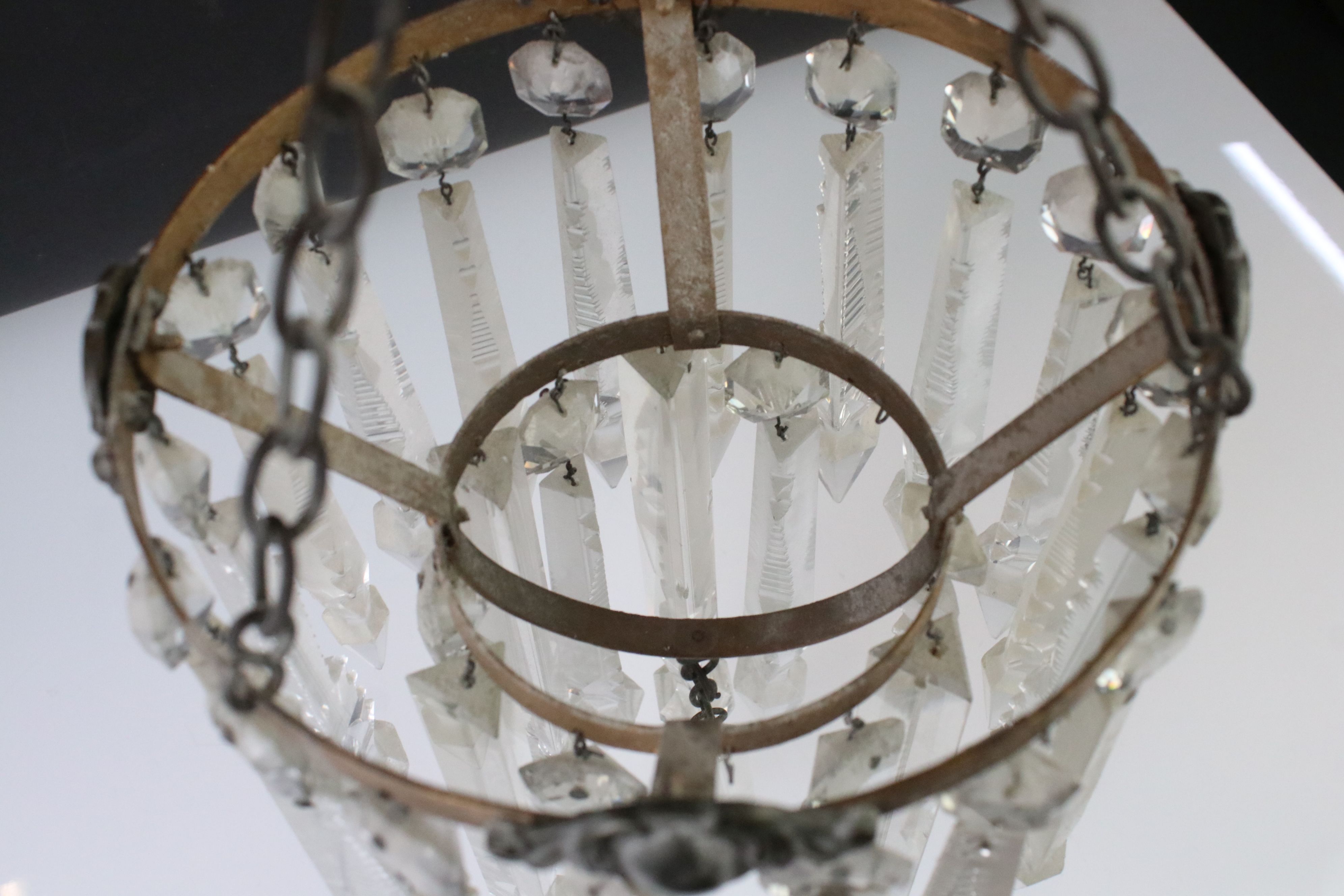 Pair of 19th century 2-tier hanging lustres with clear glass crystal droplets and metal ceiling - Image 3 of 4