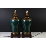 Pair of Chinese Green Metal and Brass Baluster Table Lamps on wooden stands, 46cm high