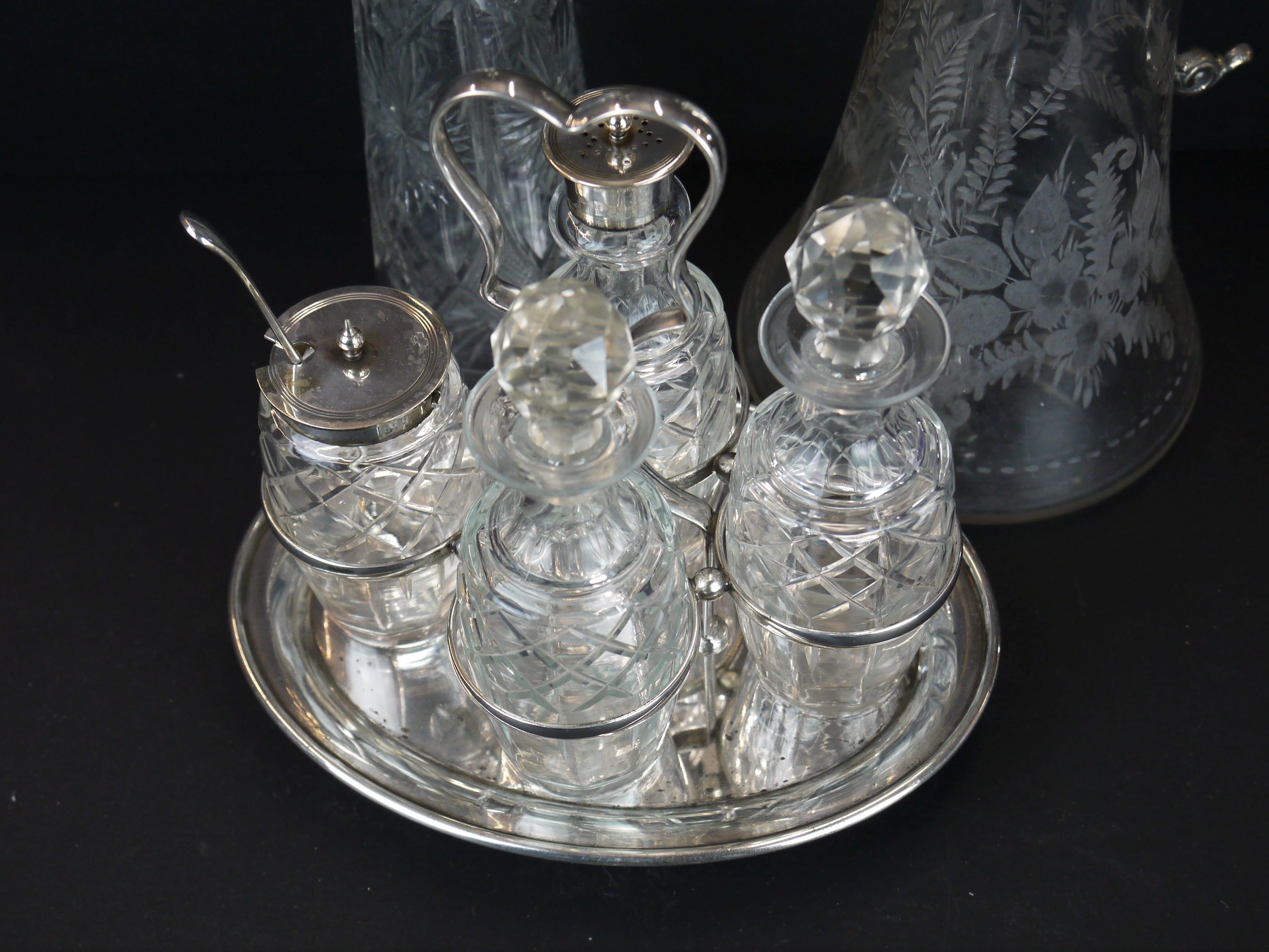 A silver plate and cut glass condiment set together with a silver plate and cut glass claret jug. - Image 4 of 5