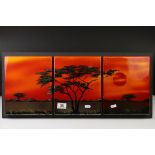 Poole Pottery 'African Sky' design ceramic three-tile wall panel, a unique signed studio piece by
