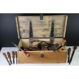 Late 19th / Early 20th century Pine Tool Box filled with various wooden handled chisels, wood