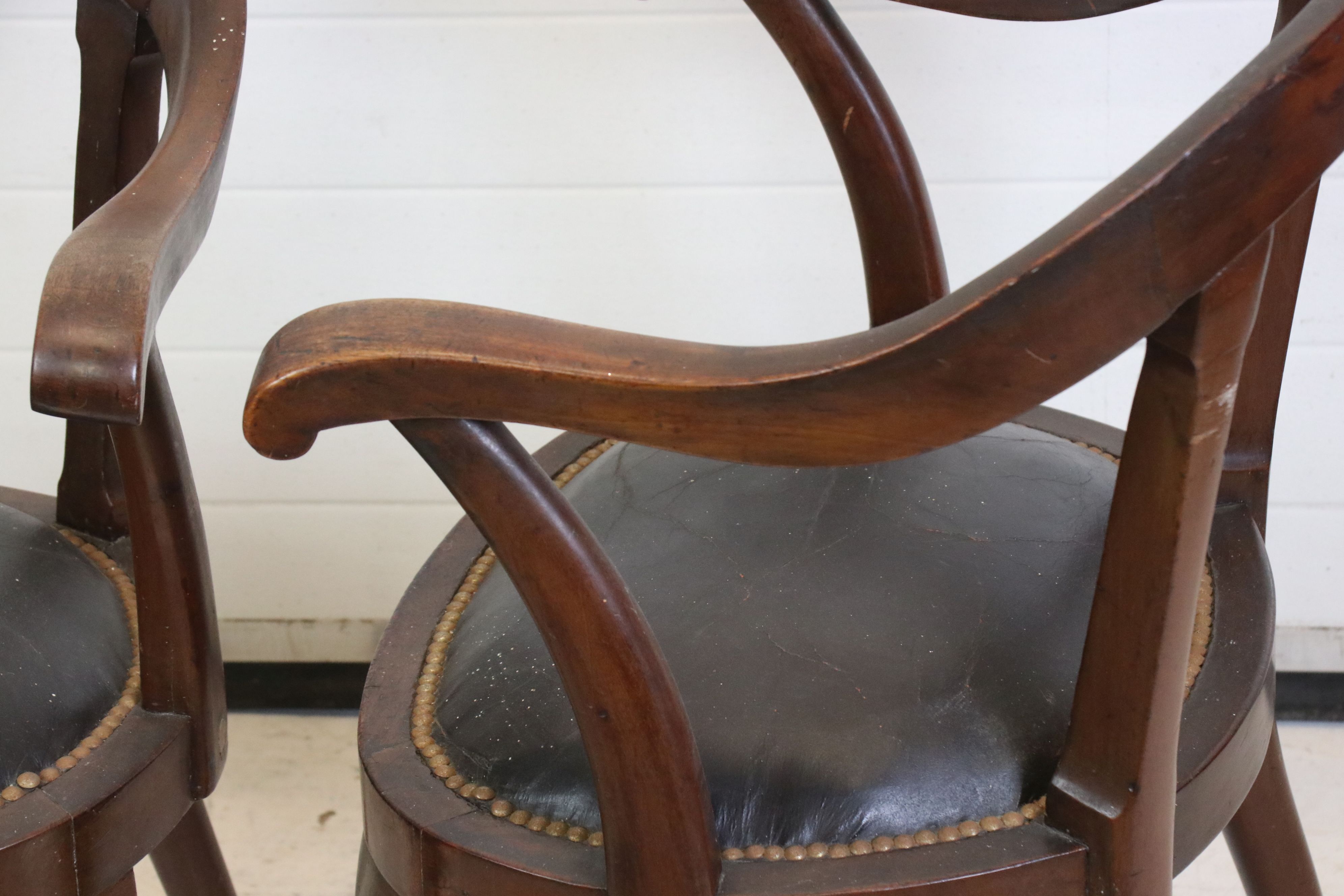 Pair of Victorian Mahogany Horseshoe shaped open Tub Chairs with padded black leather studded seats, - Image 4 of 6