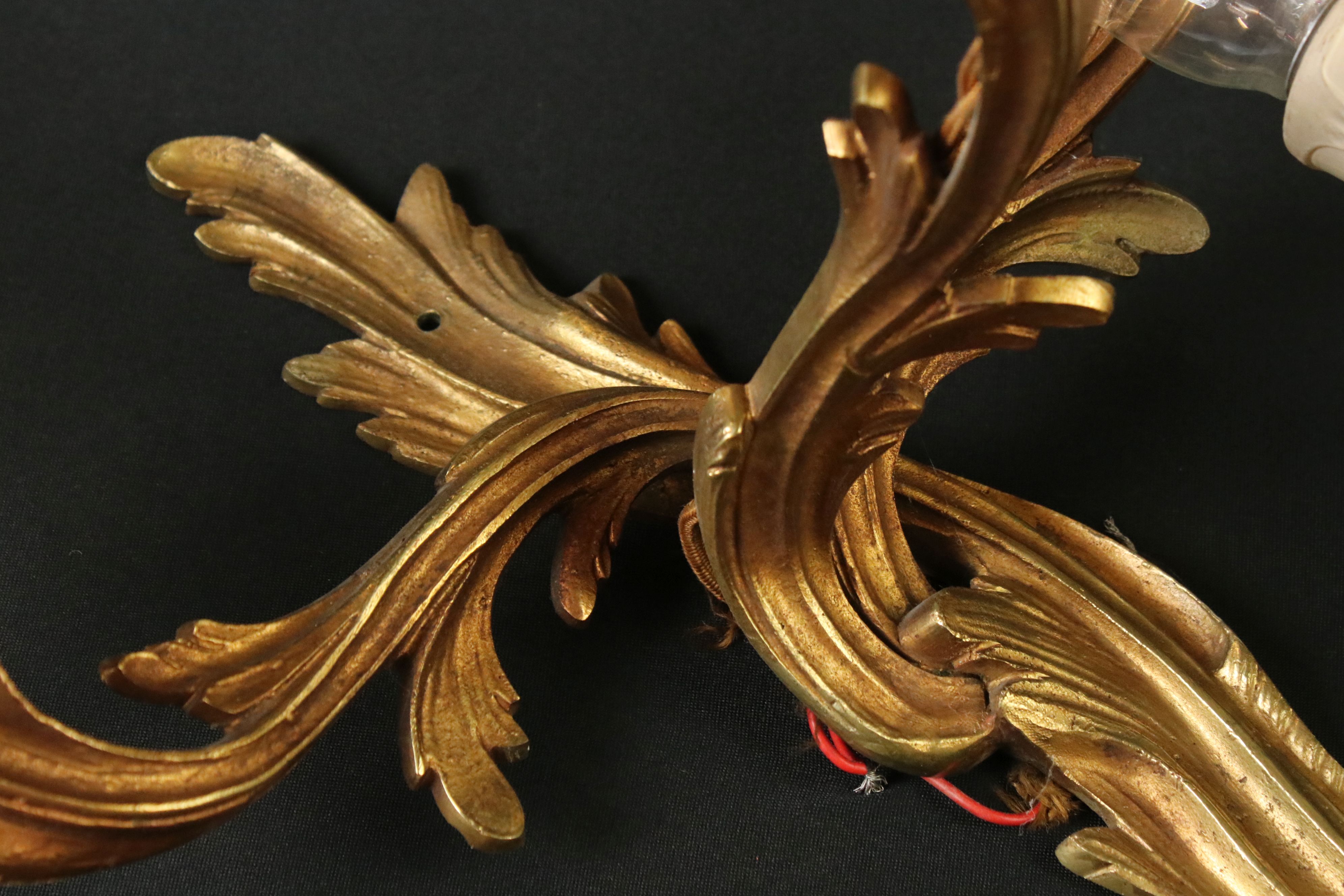 Set of Four Gilt Metal Foliate Scrolling Three Branch Wall Electric Lights in the rococo manner, - Image 3 of 5