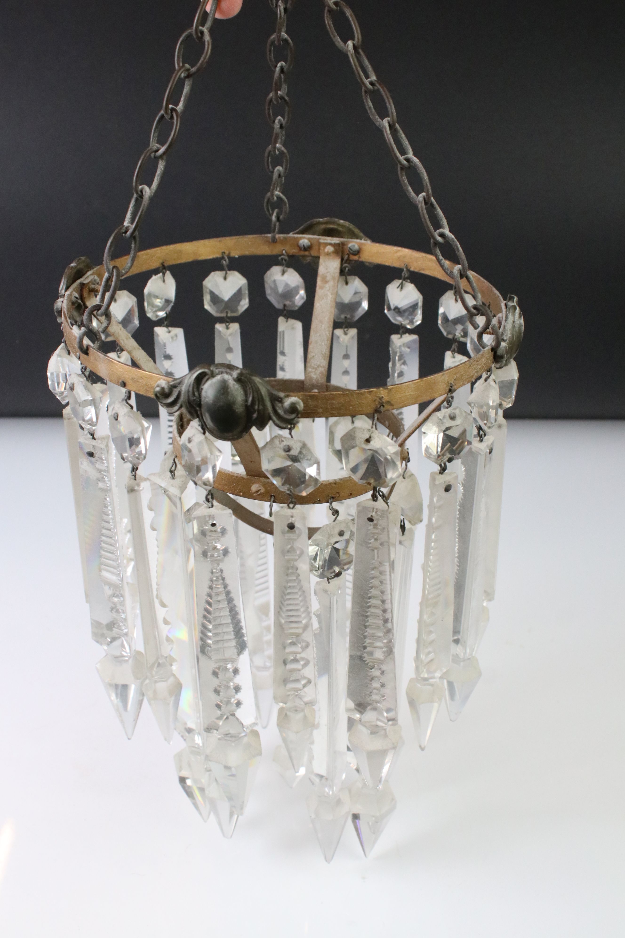 Pair of 19th century 2-tier hanging lustres with clear glass crystal droplets and metal ceiling