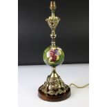 Moorcroft Hibiscus pattern ceramic and brass table lamp with spherical ceramic mid-section, and a