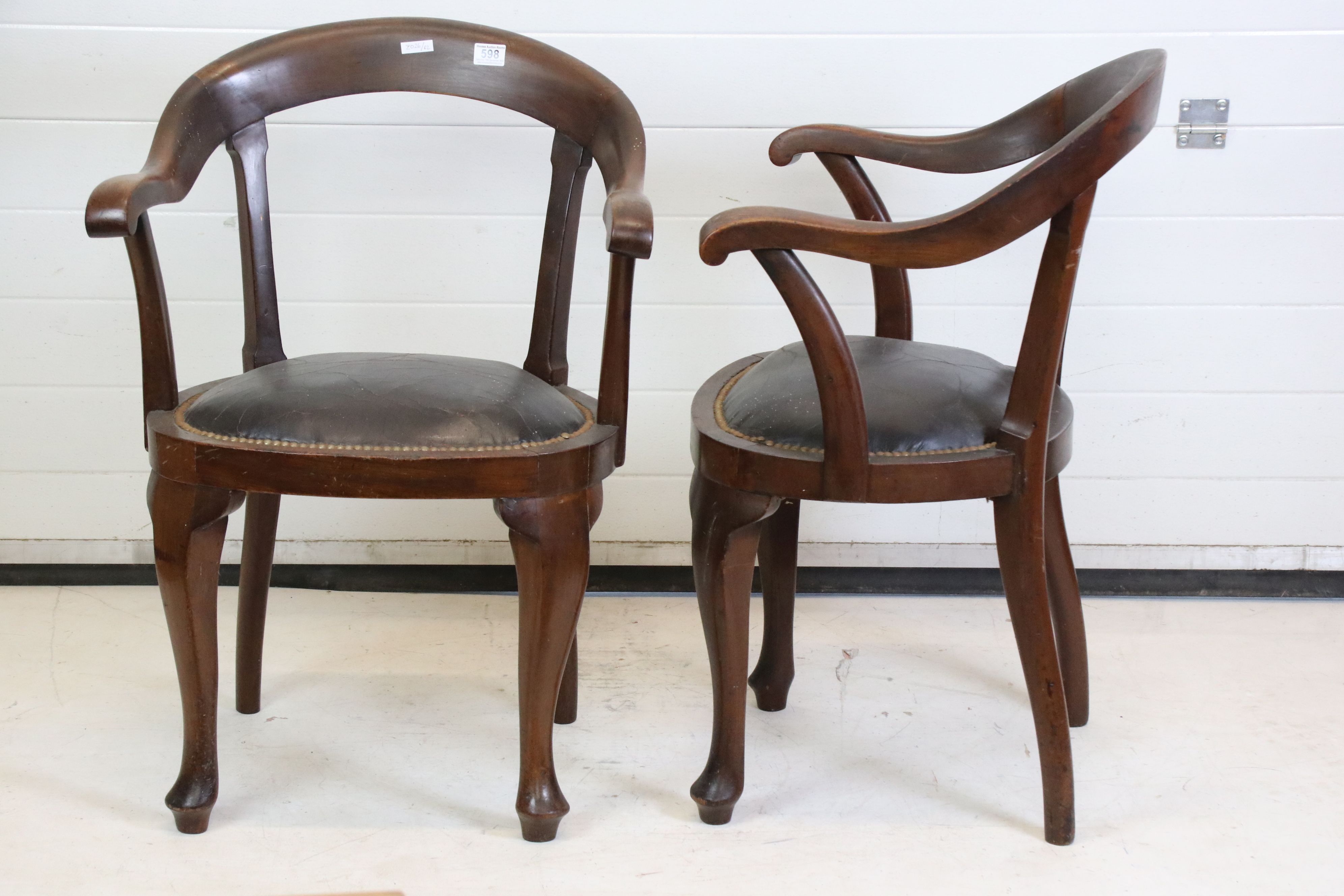 Pair of Victorian Mahogany Horseshoe shaped open Tub Chairs with padded black leather studded seats, - Image 2 of 6