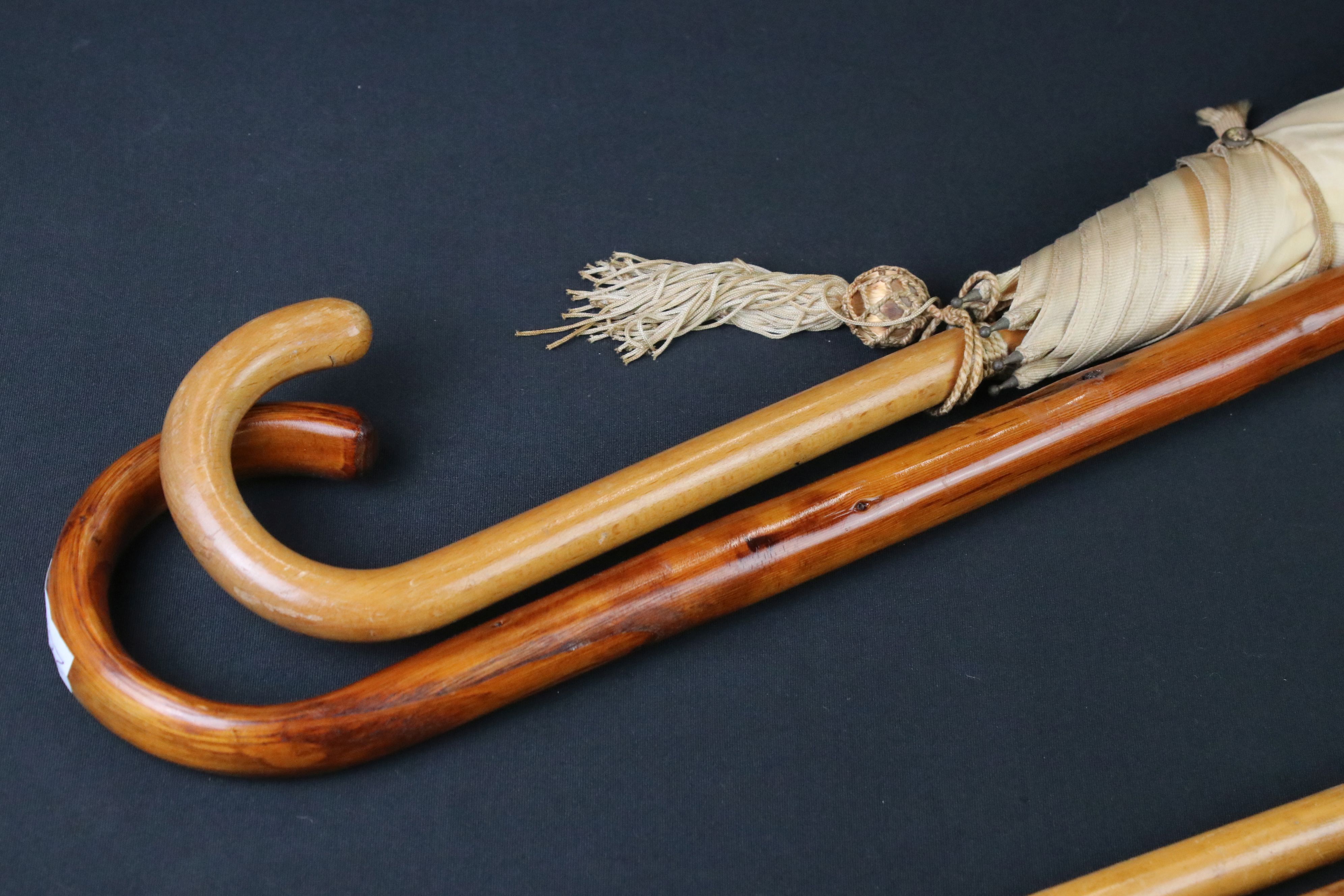 Malacca gold topped walking cane, another Malacca cane with horn handle, one other cane & a - Image 6 of 7