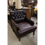 Victorian style Burgundy Leather Armchair with button-back and arms, raised on square tapering legs,