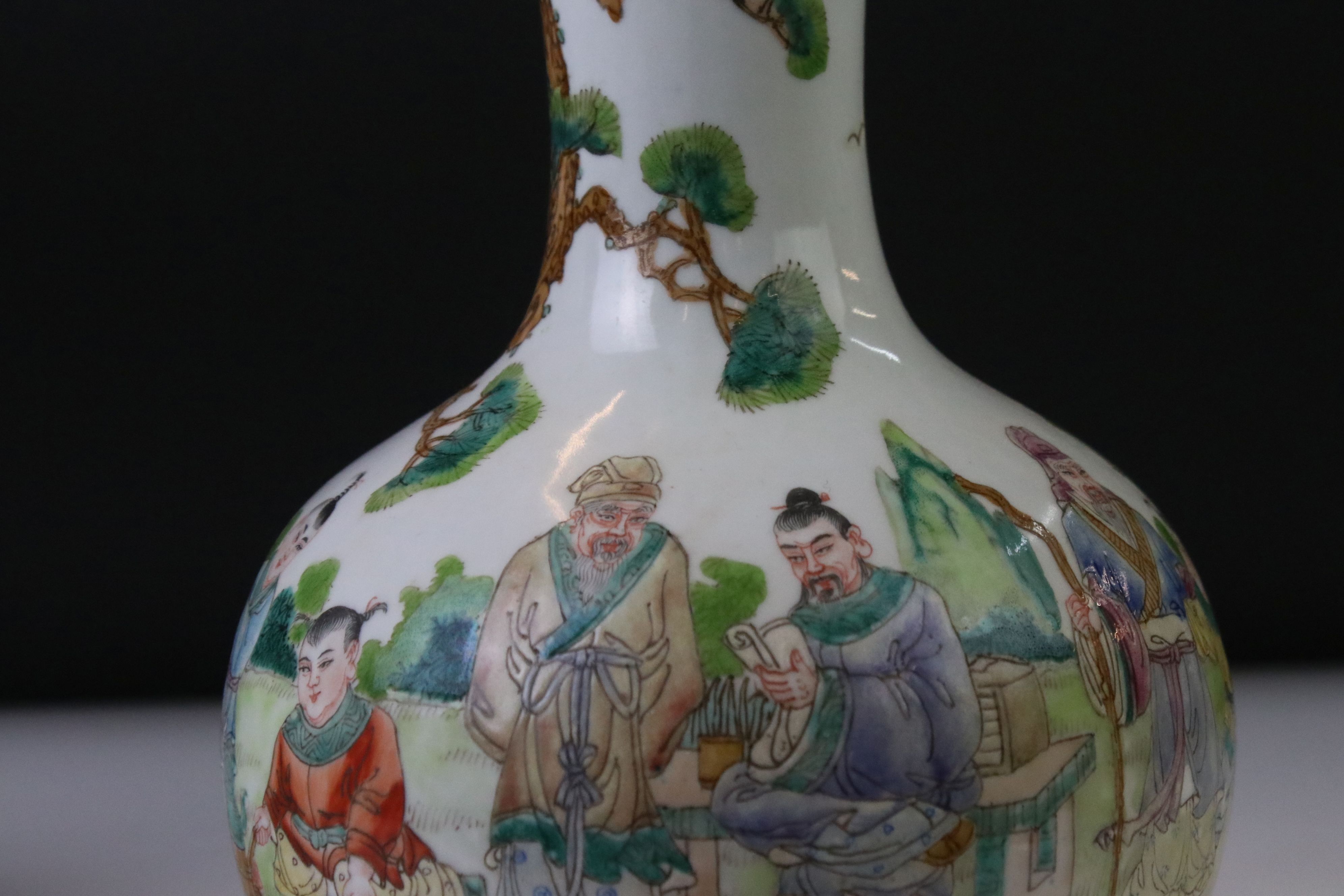 Pair of Chinese Porcelain Famille Verte bottle vases, with enamel decoration depicting figures in - Image 7 of 11