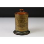 Chinese Wooden and Brass Cylindrical Tea Caddy, 14cm high