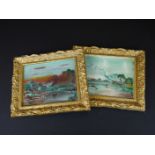 Two oil on chalk paintings of highland cattle drinking at a mountain lake, signed McNeill