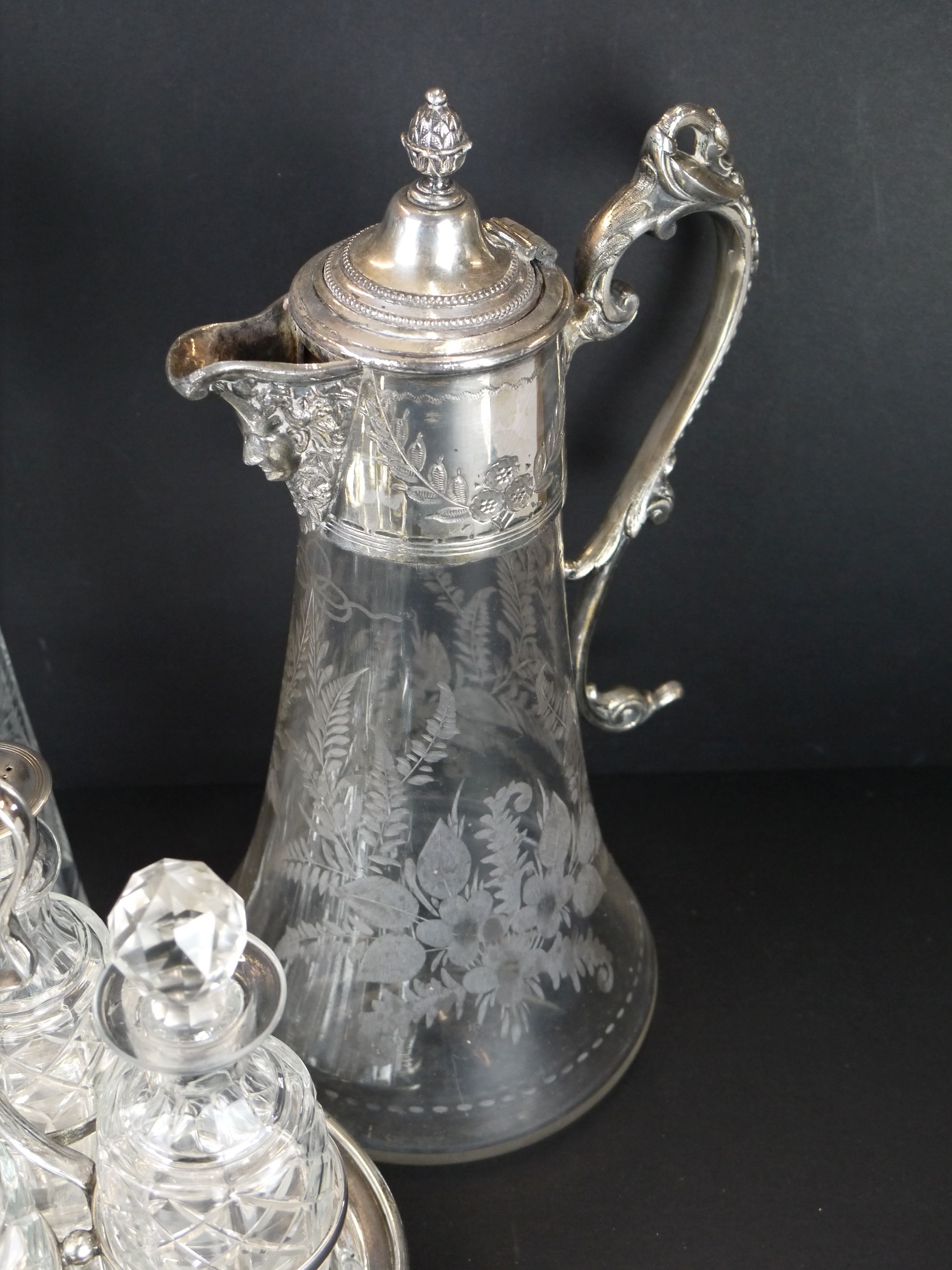 A silver plate and cut glass condiment set together with a silver plate and cut glass claret jug. - Image 2 of 5