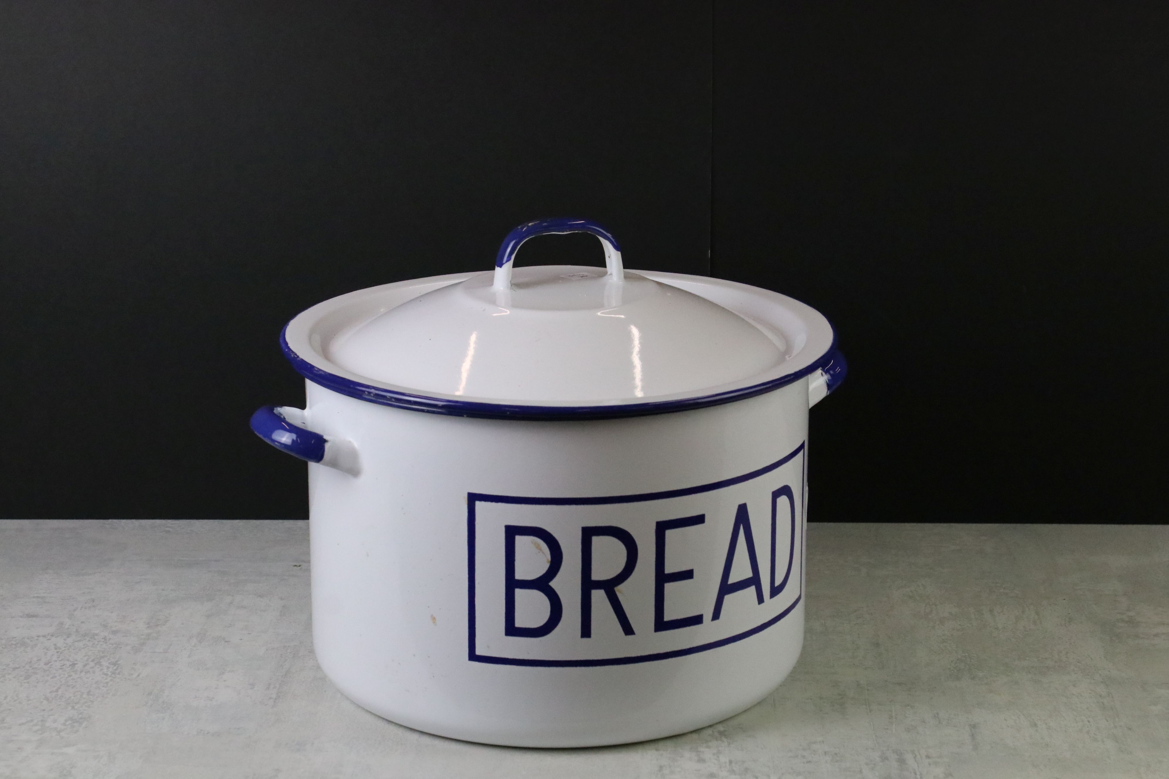 Blue and white enamel bread bin