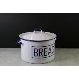 Blue and white enamel bread bin