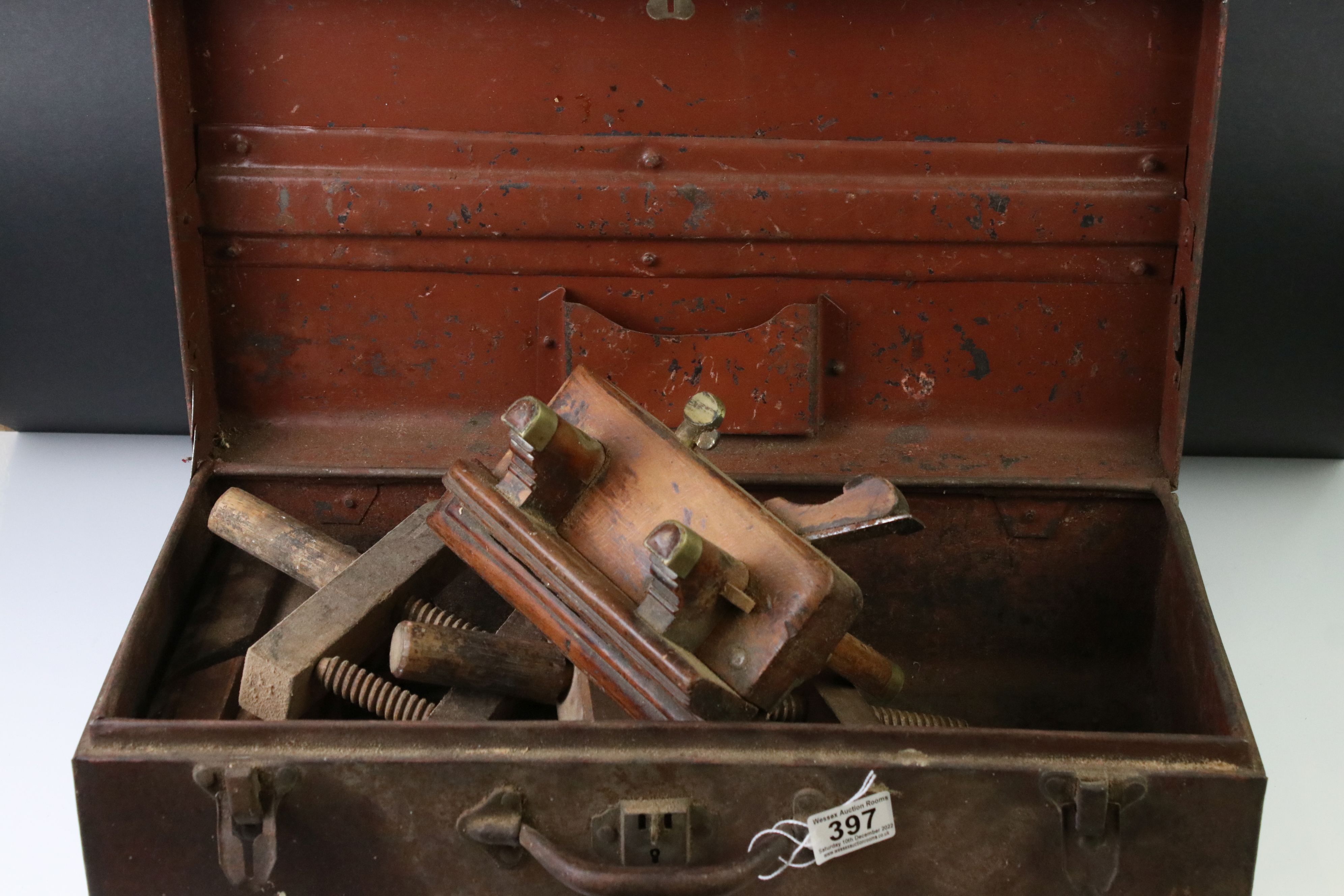 19th / Early 20th century Wooden Plough Plane with brass mounts together with five further Wooden