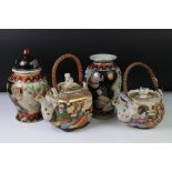 Two Chinese crackle glaze teapots & covers with wicker handles and enamel & gilt figural decoration,