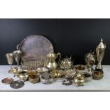 Mixed Lot of Silver Plate including Wine Bottle Holder, Three piece Tea Service, Circular Gallery