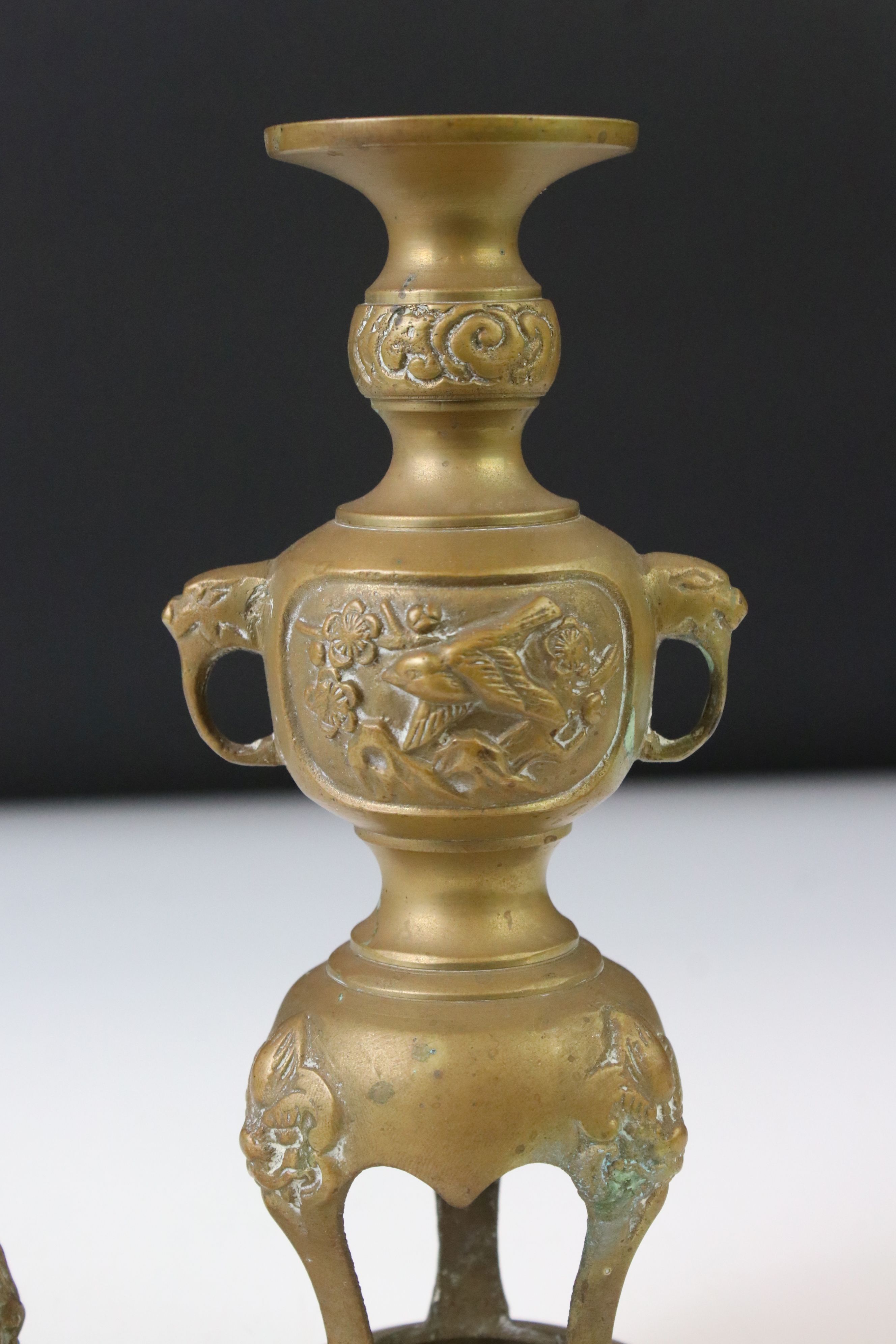 Chinese Brass incense burner & cover, twin-handled, with relief dragon mask, bird and floral - Image 3 of 5