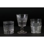 19th century engraved glass tumbler, enscribed ' Amite ', another tumbler and a wine glass (3)