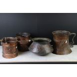 Indian / Middle Eastern Copper embossed Jardiniere, Bowl, Swing Handled Bucket and large tankard,
