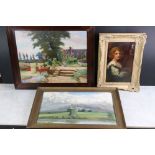 Three Oil Paintings including Girl with a Lute, 17cm x 28cm, Garden Scene, 45cm x 36cm and a