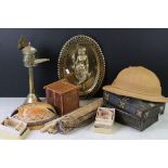 Mixed Lot including Two Tins, Pith style Hat, Indian Cloth Sanskrit, Brass ware, Cricket Cage, etc