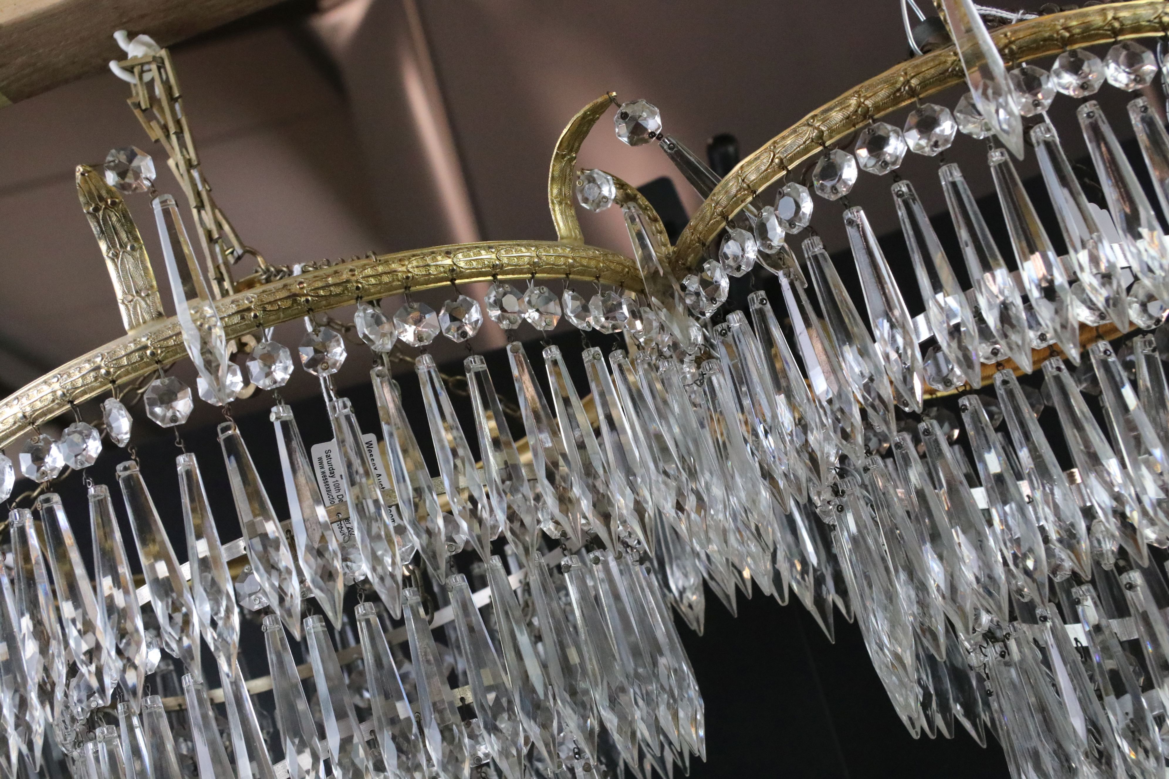Two Gilt Metal Glass Crystal Drop Four Tier Waterfall Chandeliers, largest 41cm diameter x 40cm high - Image 5 of 7