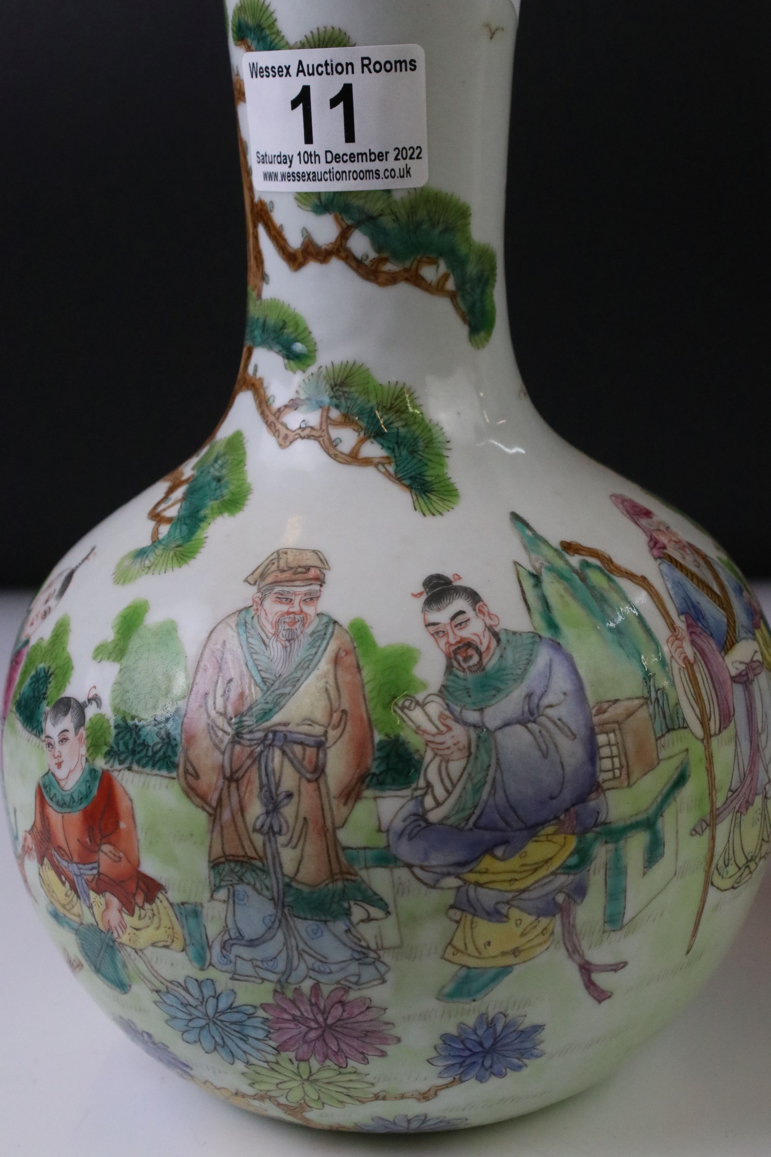 Pair of Chinese Porcelain Famille Verte bottle vases, with enamel decoration depicting figures in - Image 4 of 11