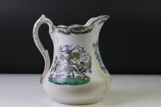 19th Century ceramic cider jug with transfer printed and hand-coloured decoration to include farming
