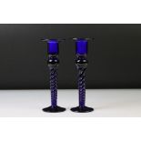 Pair of Handmade Bristol Blue contemporary glass candlesticks with spiralled stems, stickers to