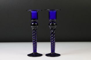 Pair of Handmade Bristol Blue contemporary glass candlesticks with spiralled stems, stickers to