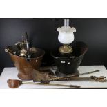 Mixed Metalware including Copper Coal Scuttle, Metal Coal Scuttle, Brass Oil Lamp with opaque