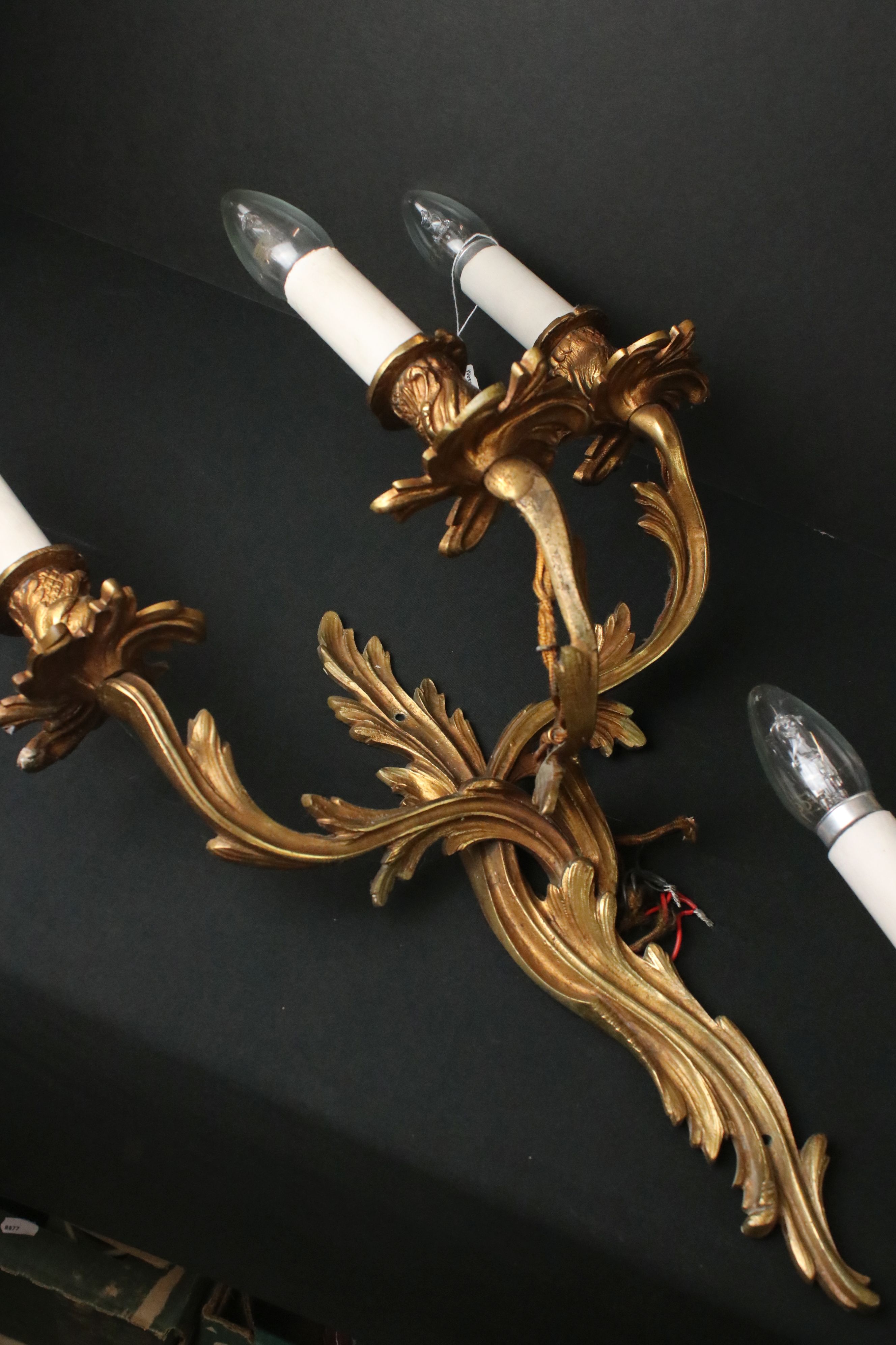 Set of Four Gilt Metal Foliate Scrolling Three Branch Wall Electric Lights in the rococo manner, - Image 2 of 5